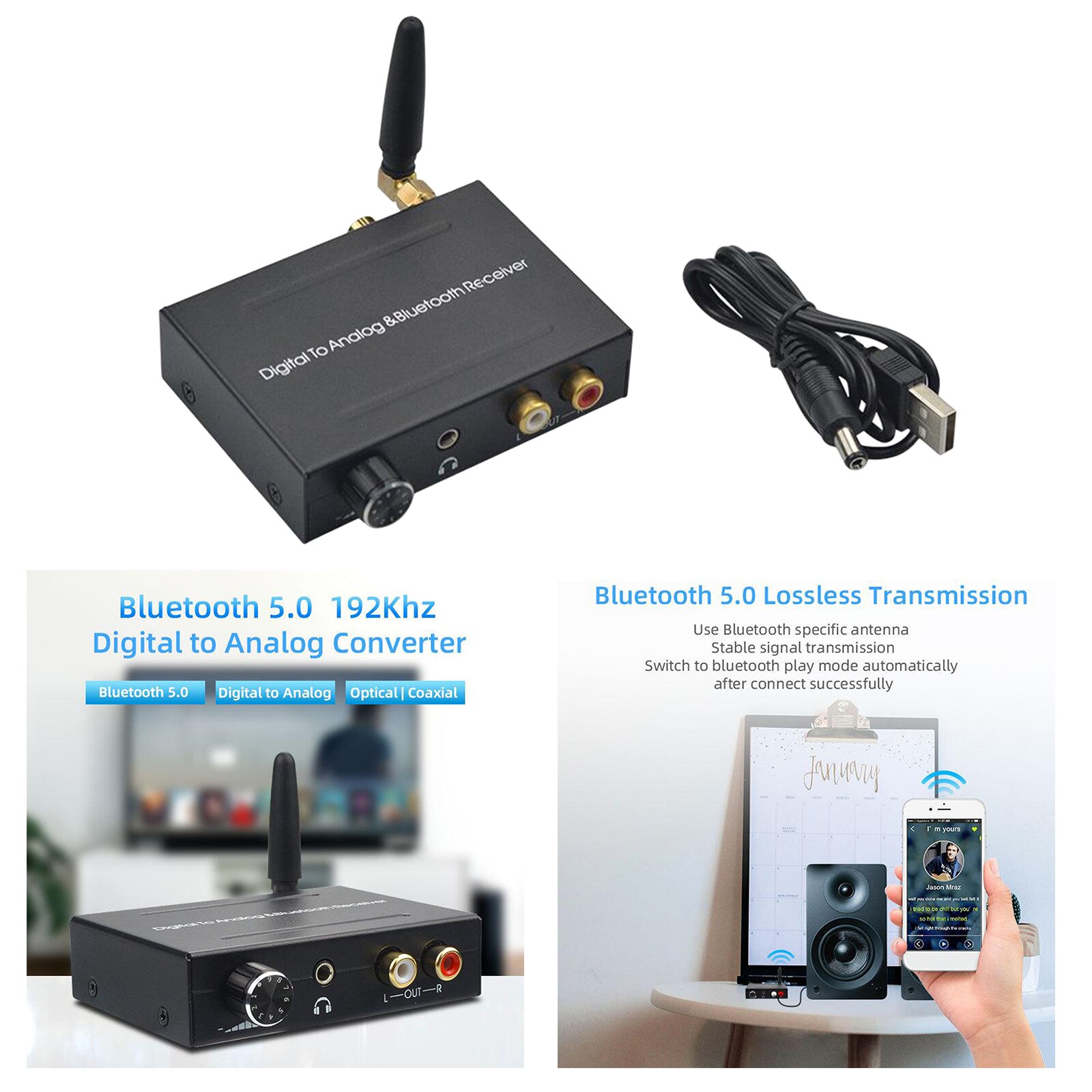 192kHz Digital to Analog Converter with Bluetooth Receiver Built-in Bluetooth V5.0 DAC Adapter Supports 3.5mm Audio Output