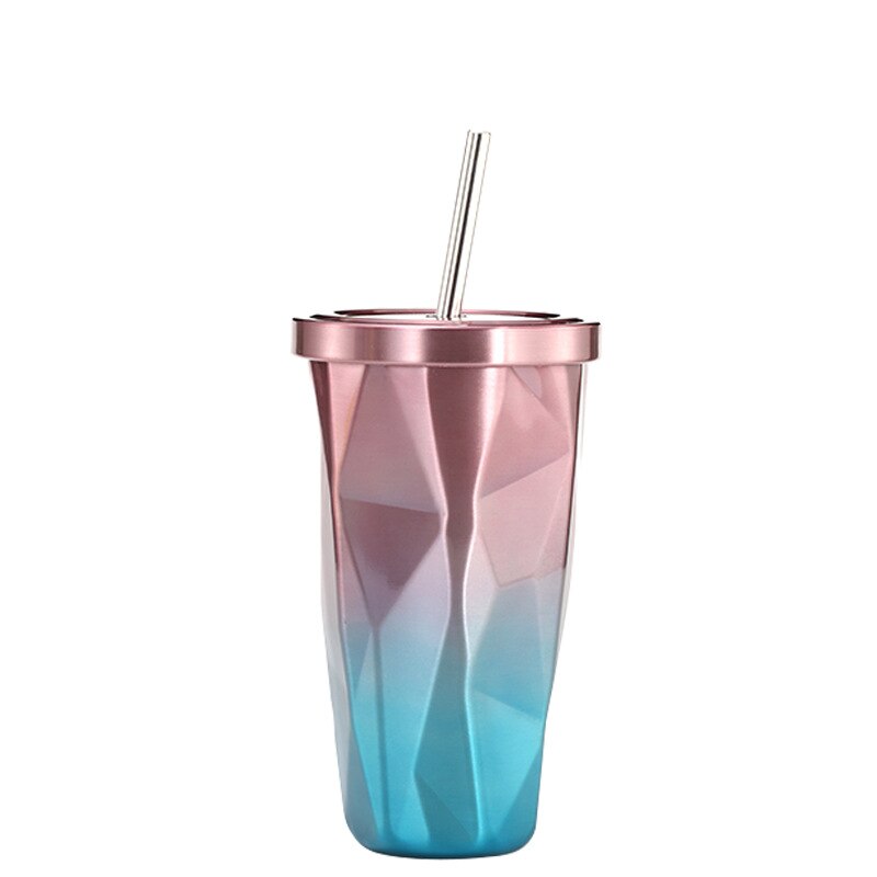 0.5 l garrafa de água canecas irregular parede dupla copos de aço inoxidável praia arco-íris gelo vinho copo com tampa canudos garrafas wj826: PINK