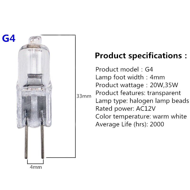Cuentas de lámpara halógena G4 de CA 12V, 20w, 35W, cuentas de luz de baja presión, G6.35, 50W, cristal, bombilla pequeña halógena, blanco cálido