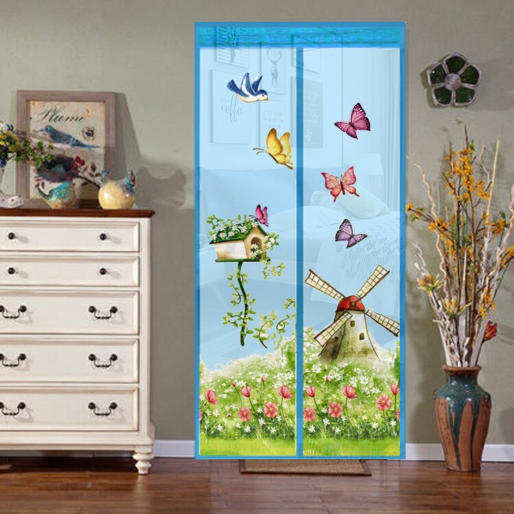 Zomer Patroon Magnetische Knop Klamboe Deur Screen Slaapkamer Keuken Zacht Garen Deur Gordijn Anti Insect Fly Mesh Deur Netto: Blauw / 100-210