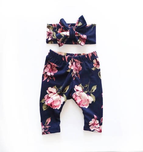 Newborn Infant Baby Girls Floral Long Leggings Headband 2pcs Outfit Set