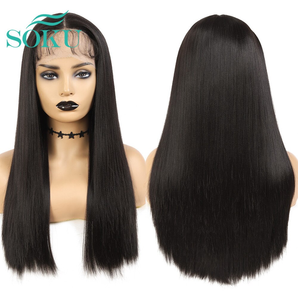 SOKU-perruque noire synthétique longue et lisse avec raie centrale, cheveux naturels en Fiber résistante à la chaleur, pour femmes noires