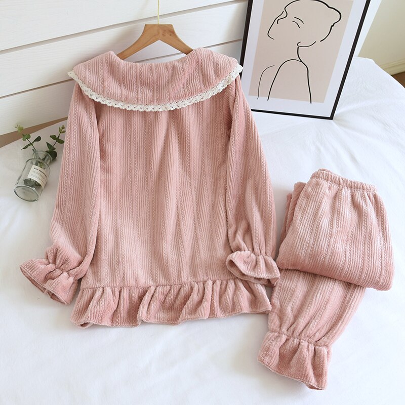 Pijamas gruesas de franela para mujer, ropa de dormir de invierno, Pijama de salón, traje de manga larga, conjunto de ropa de casa