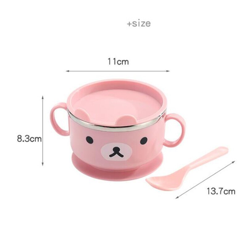 Tigela para bebê, tigela para bebês aprendizagem de desenho animado com capa para o bebê em aço inoxidável ventosa de isolamento tigela de comida suplementar