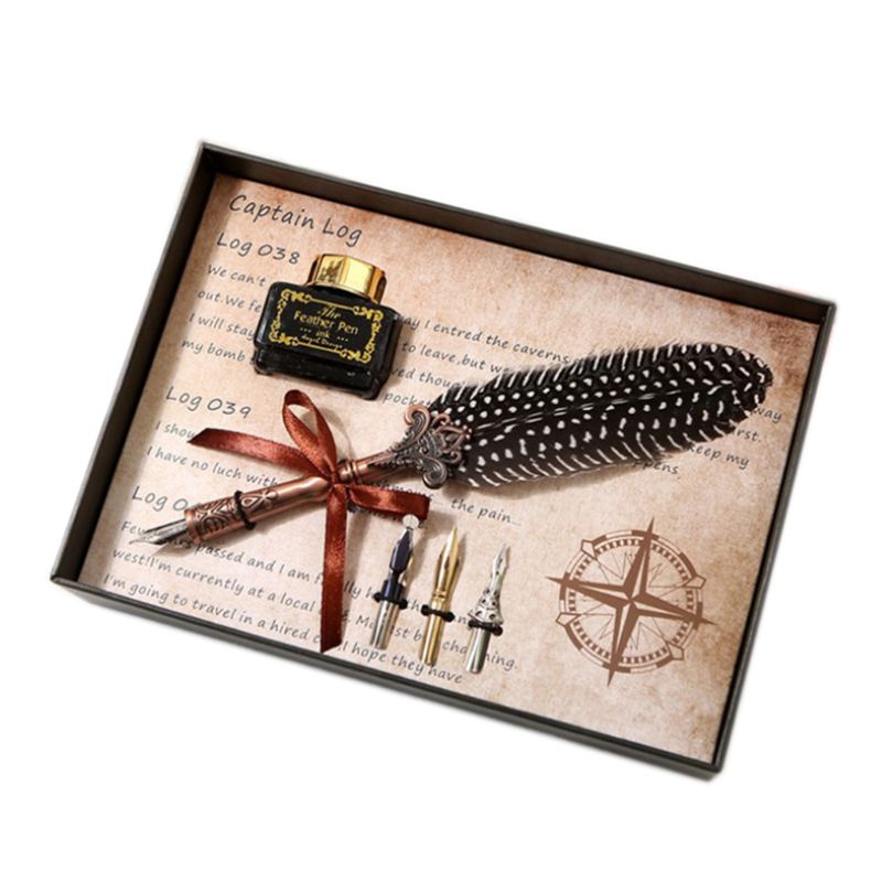 Vintage Feather Quill Dip Pen Fountain Pens With Ink +3 Nibs Set Box Stationery: 55