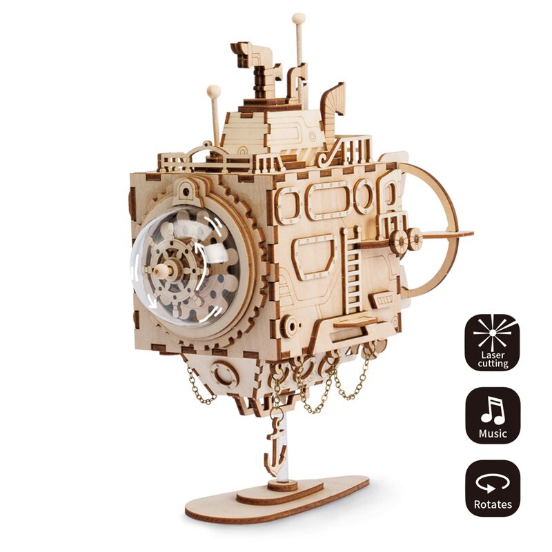 Robotime DIY Steam Punk Submarine Model with Music Box Wooden Building Kits Puzzle for Boys &amp; Girls AM680 for: Default Title