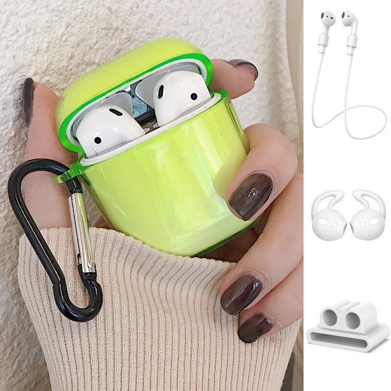 2/5PSC clear case for airpods case cute protective cover for airpods 2 with earplug Anti-lost rope sport case for airpods 2 case: Set B Green