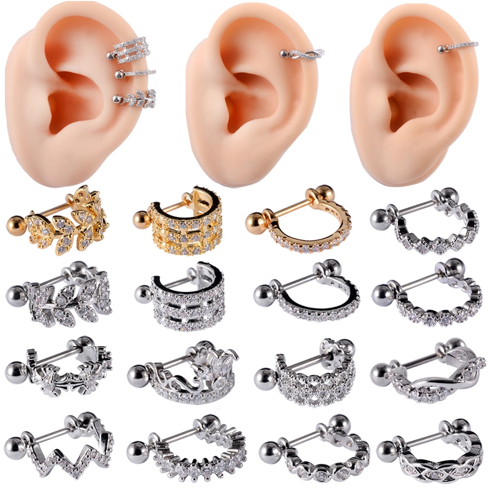 1Pcs Chirurgisch Staal Barbell Met Cz Hoepel Oor Tragus Kraakbeen Helix Oorbellen Oorstekers Oor Manchet Rook Vrouw Kwab piercing Sieraden