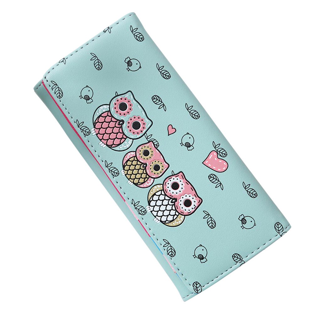Women Simple Retro Owl Printing coin purse leather women wallets with Long Wallet coin pocket bag credit card: Green