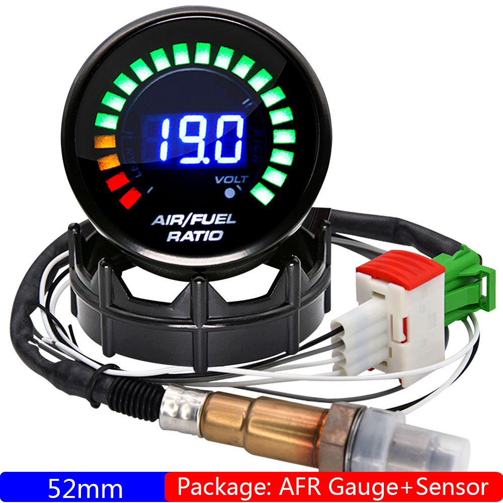Medidor de relación aire-combustible de 52 mm Pantalla digital AFR Sensor de oxígeno O2 de banda estrecha 0258006028 Medidor de coche ahumado para coche de gasolina 12V