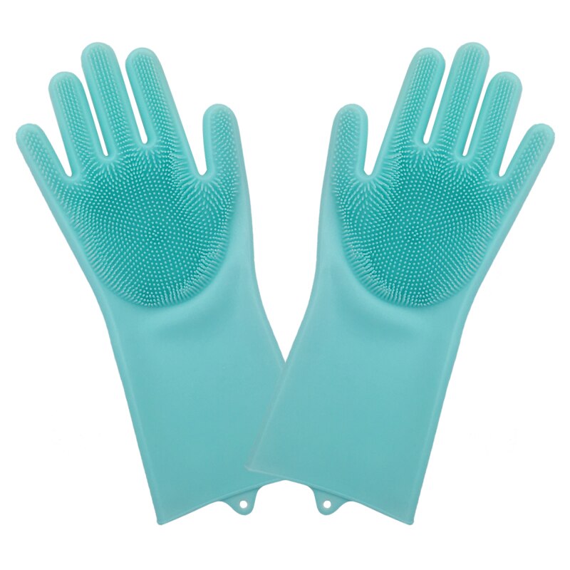 1 par opvaskemiddel handsker magiske silikone retter rengøringshandsker med rengøringsbørste køkkenvask husholdning skrubbehandsker: Grøn et par