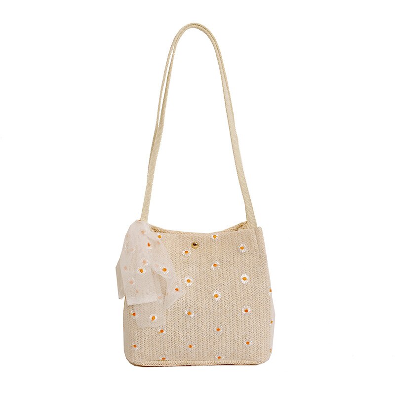 Casual laço floral rattan baldes sacos de vime tecido feminino sacos de ombro senhora bolsas praia verão palha saco grande capacidade tote