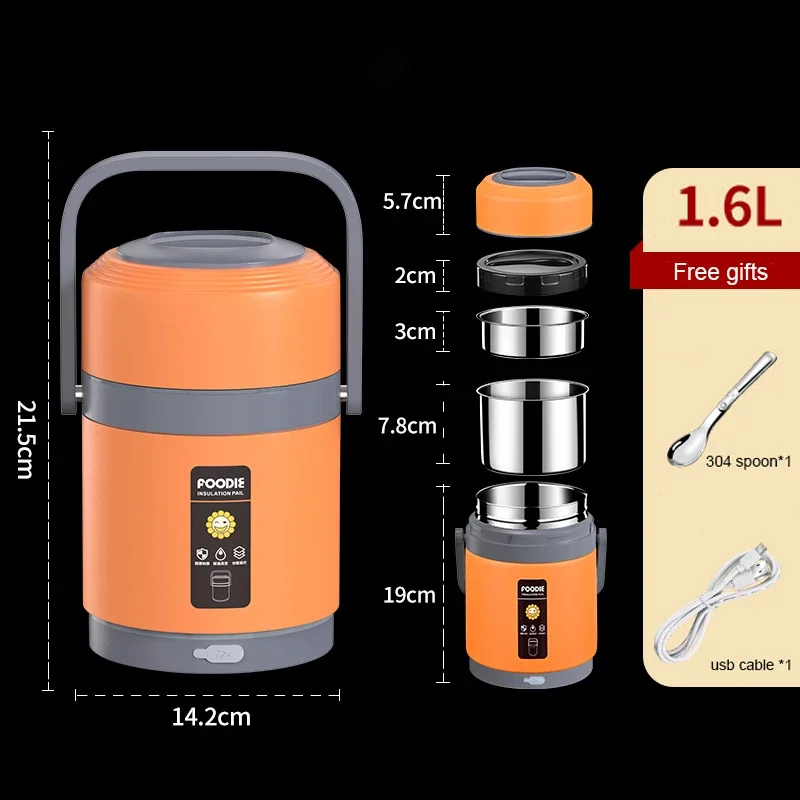 USB Electric Heated Lunch Box Stainless Steel Food Warmer Bento Lunch Box Container for Food Thermal Boxes for Office School: Orange