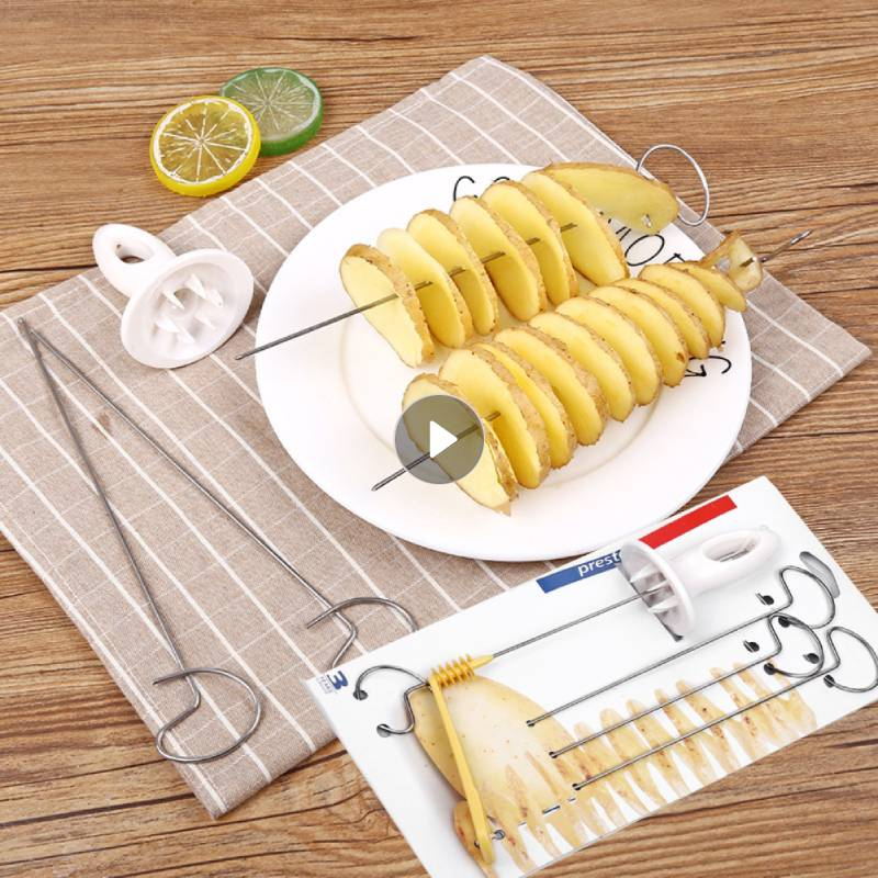 Potato Slicing Knife Skewer Manual Rotating Potato Tower Spiral Cyclone Potato Roll Slicing Knife Skewer Cut Potato Roll Gadgets