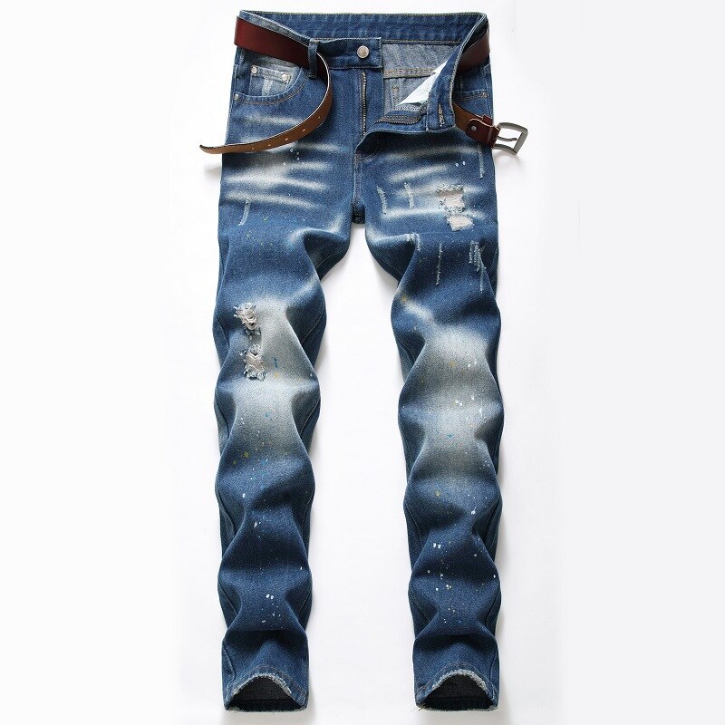 Blue Ripped Jeans Pants Streetwear Splash Ink Men Jeans Straight Slim Fit Casual Hole Jeans Brand Men's Denim Trousers: 38