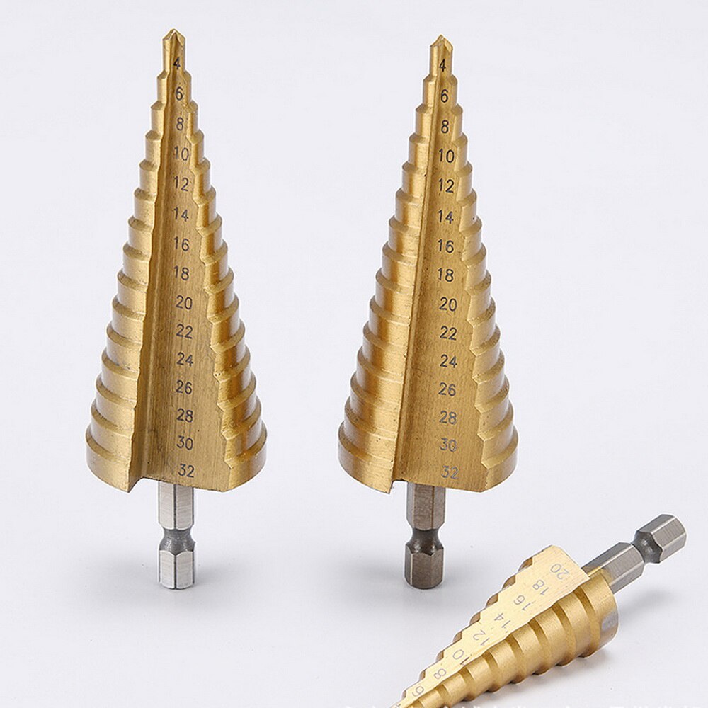 3pc Hss step drill bit set cone hole Taper metric 4 - 12 / 20 / 32mm 1 / 4 "titanium coated metal hex core drill bits