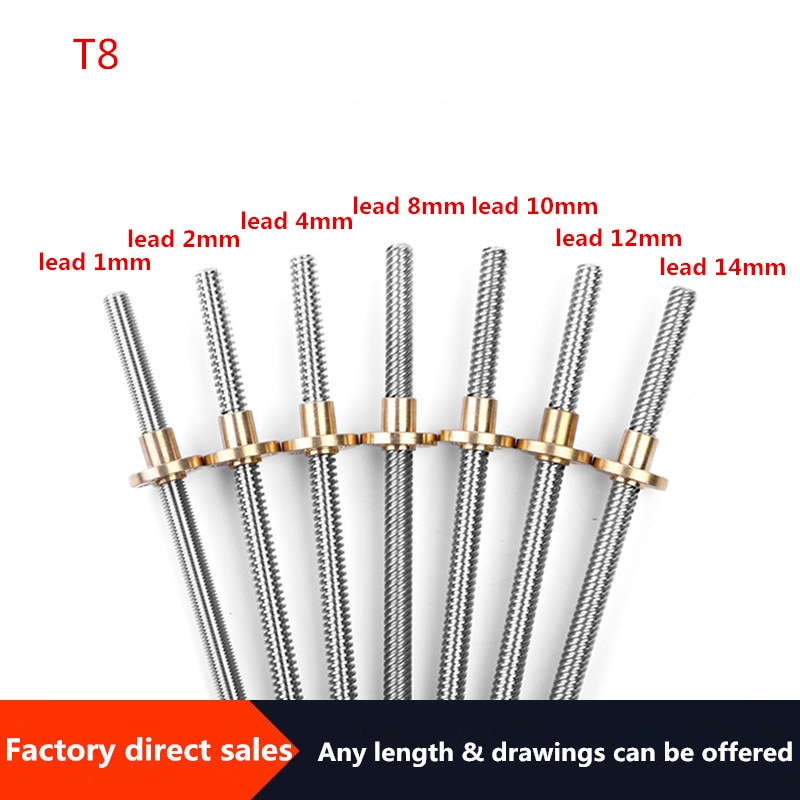 Tige trapézoïdale T8, filetage 100mm 150mm, tête de 8mm/2mm/4mm/8mm/10mm/12mm/14mm avec imprimante 3D noix en laiton
