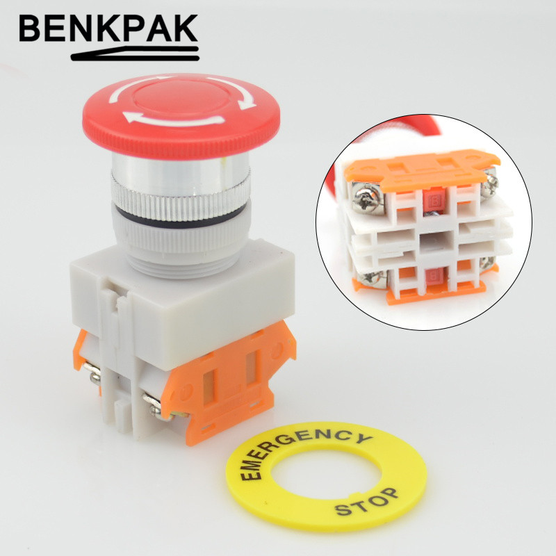 Interruptor de botón de parada de emergencia, bloqueo pulsador NO + NC, reinicio de giro, seta