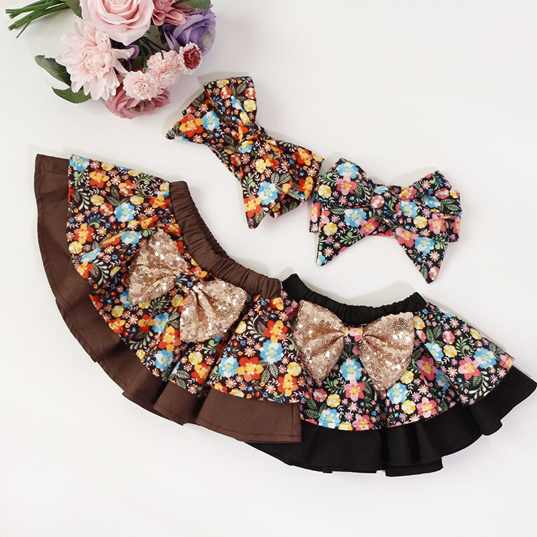 Baby Girls Skirt with Headband 2pcs Fall Winter 1 Year Birthday Party Costume Flower Sequined Bow Newborn Princess Skirt Clothes