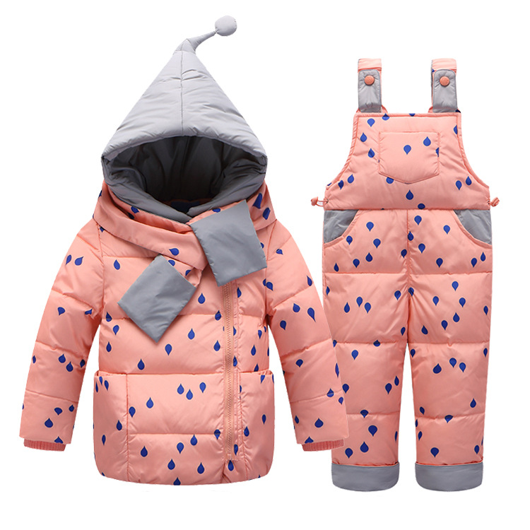 Piger vinter varm dunjakke dragt sæt børn tyk frakke + jumpsuit tøj til børn print regndråber hætteklædte overtøj: A1 / 2t