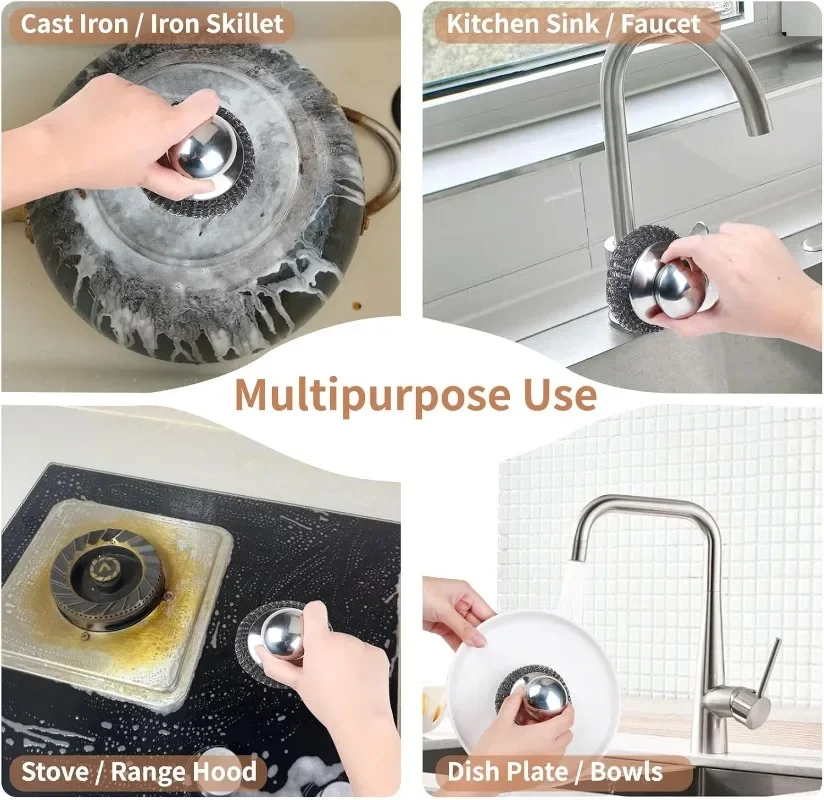 Stainless Steel Kitchen Pot Brush with Handles Dishwashing Wire Ball Heavy Duty Metal Scrubber Household Pot Pan Cleaning Tools