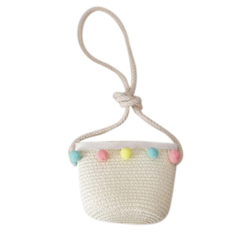 Kids Girls Large Wide Brim Straw Woven Sun Protection Beach Hat Colorful Pompom Ball Summer Floppy Bucket Cap Portable Handbag: F