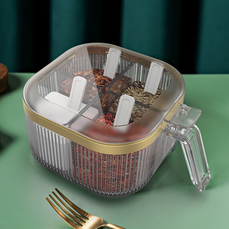 Seasoning Organizer Box Salt and Pepper Set Integrated 4 Grid with Spoon Spice Jar Condiment Dispenser Kitchen Home Container: C