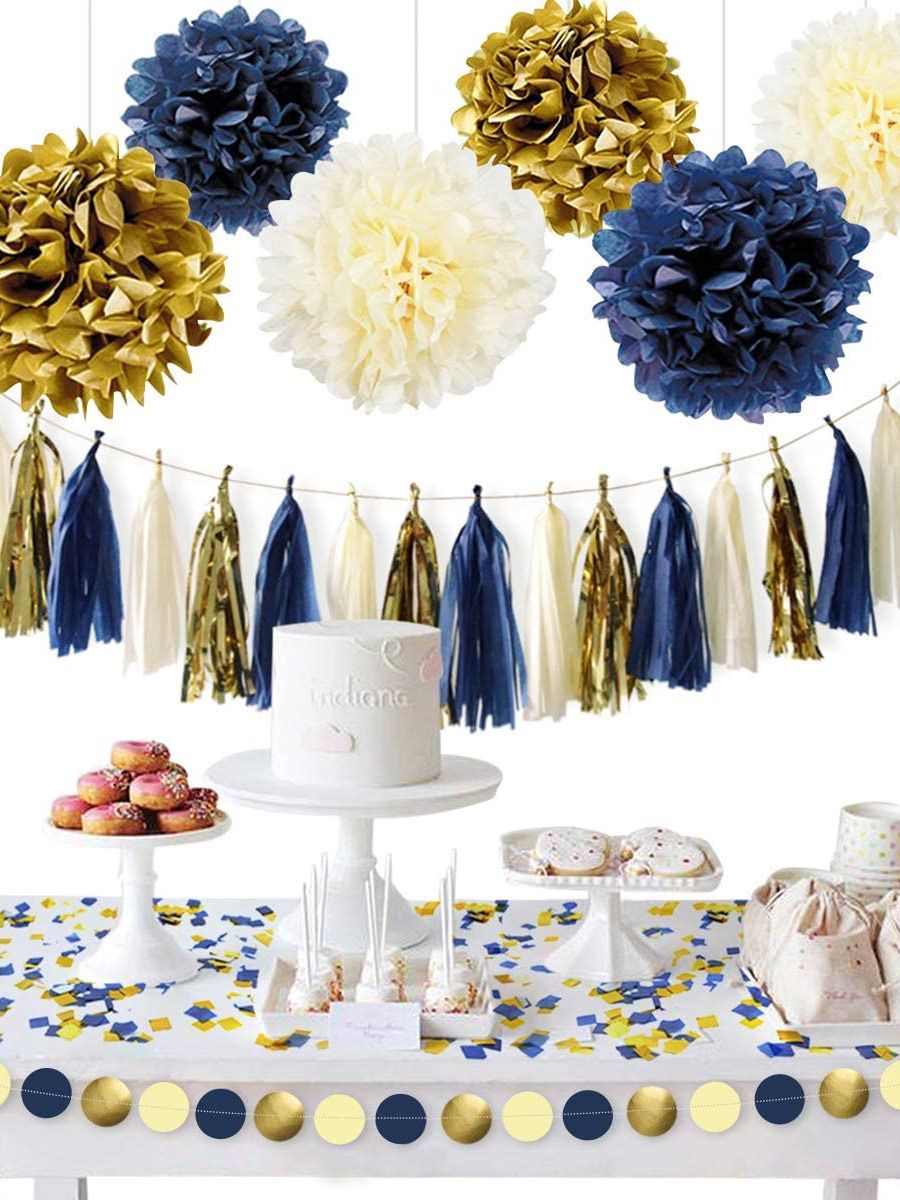 12 PCS Navy Blue Ivory Gold Tissue Paper Pom Poms Flower for Bridal Shower Wedding Boy Birthday Bachelorette Nursery Decorations