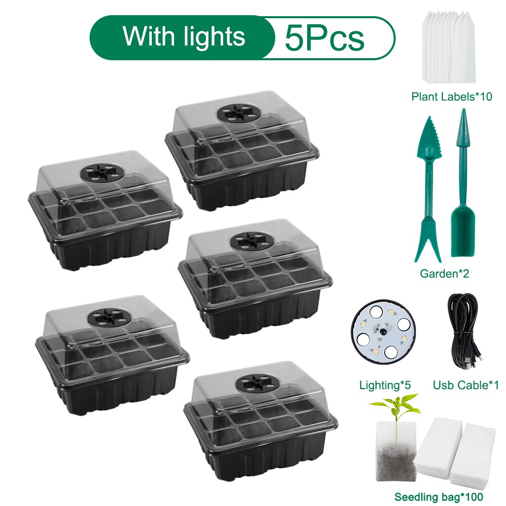 5Pack Plant Seed Seedling Starter Trays Kit with Grow Light Indoor Greenhouse Mini Propagator Station for Seeds Growing Starting: Black B Set