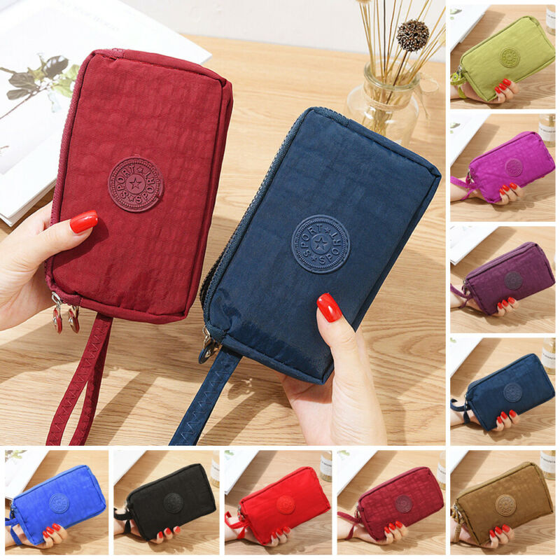 Women Solid 3 Layer Canvas Coin Purse Card Zipper Wallet Holder Phone Bag