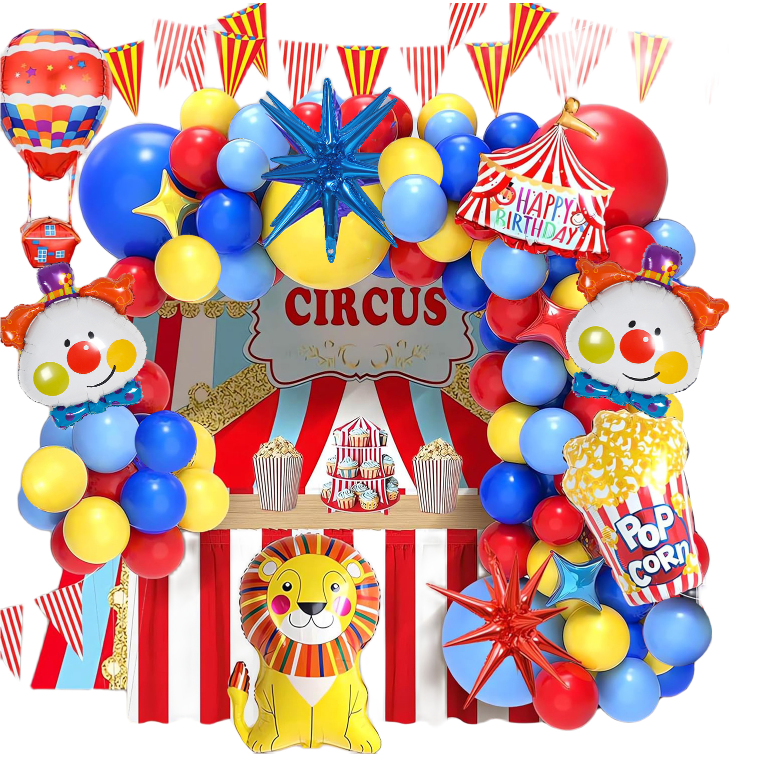 Juego de globos temáticos de circo, corona roja, azul, amarilla, león y palomitas de maíz y decoraciones para de cumpleaños de payaso con globos aerostáticos