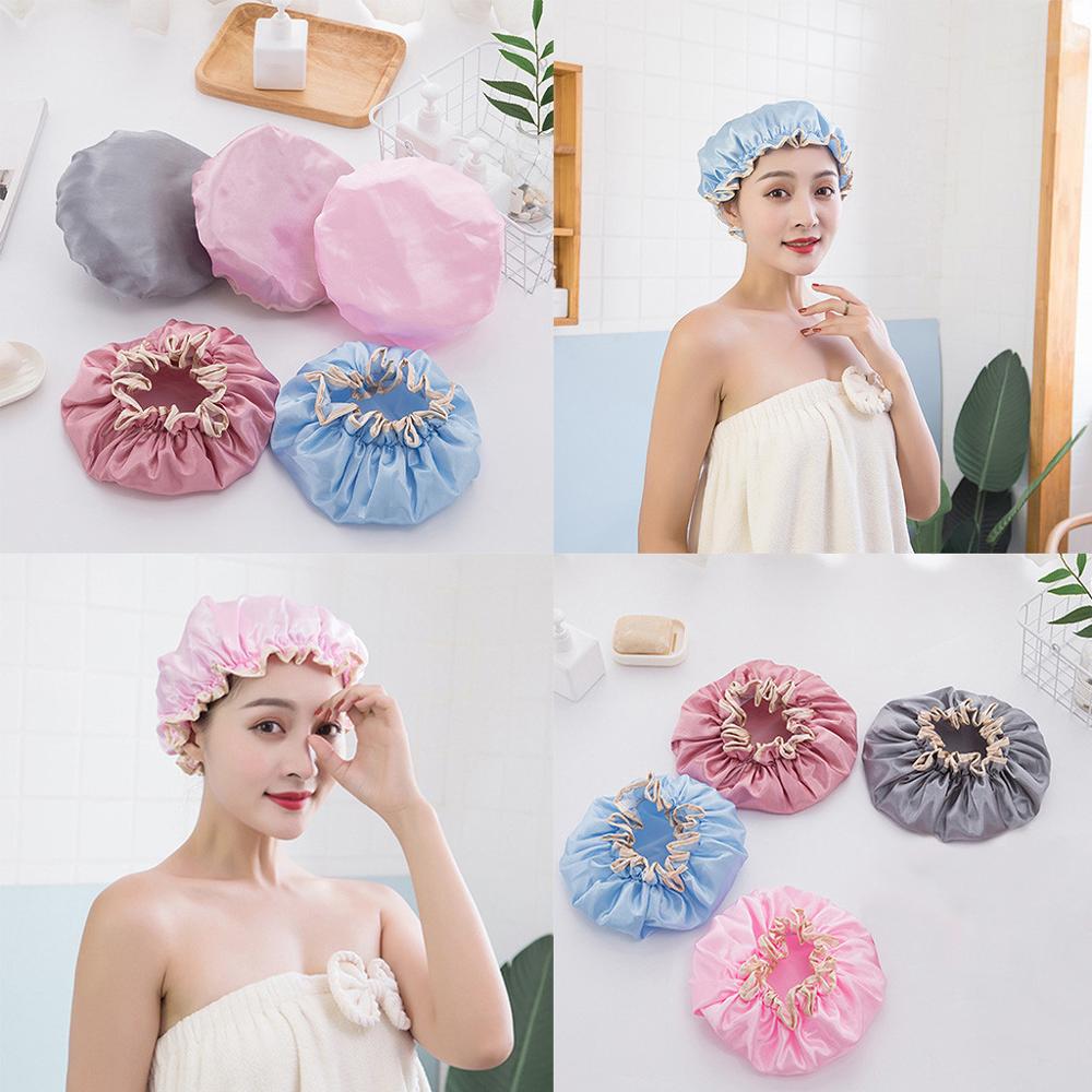 Women Double Waterproof Shower Satin Bathing Cap Hats Silk Reusable Hair Cover SWWQ