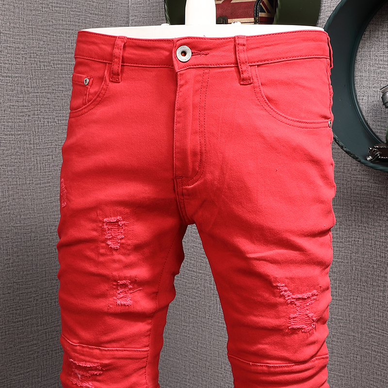 Zomer Mannen Rode Jeans Casual Dunne Straight Slim Fit Broek Koreaanse Stijl Katoenen Denim Broek