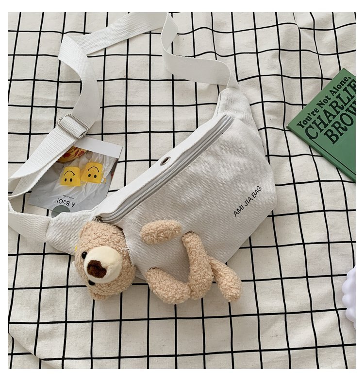 Torebki damskie kreskówka niedźwiedź talia torba torba na klatkę piersiowa torby na ramię proste torby Crossbody dla szkoły dziewczyny torby płócienne na co dzień: biały