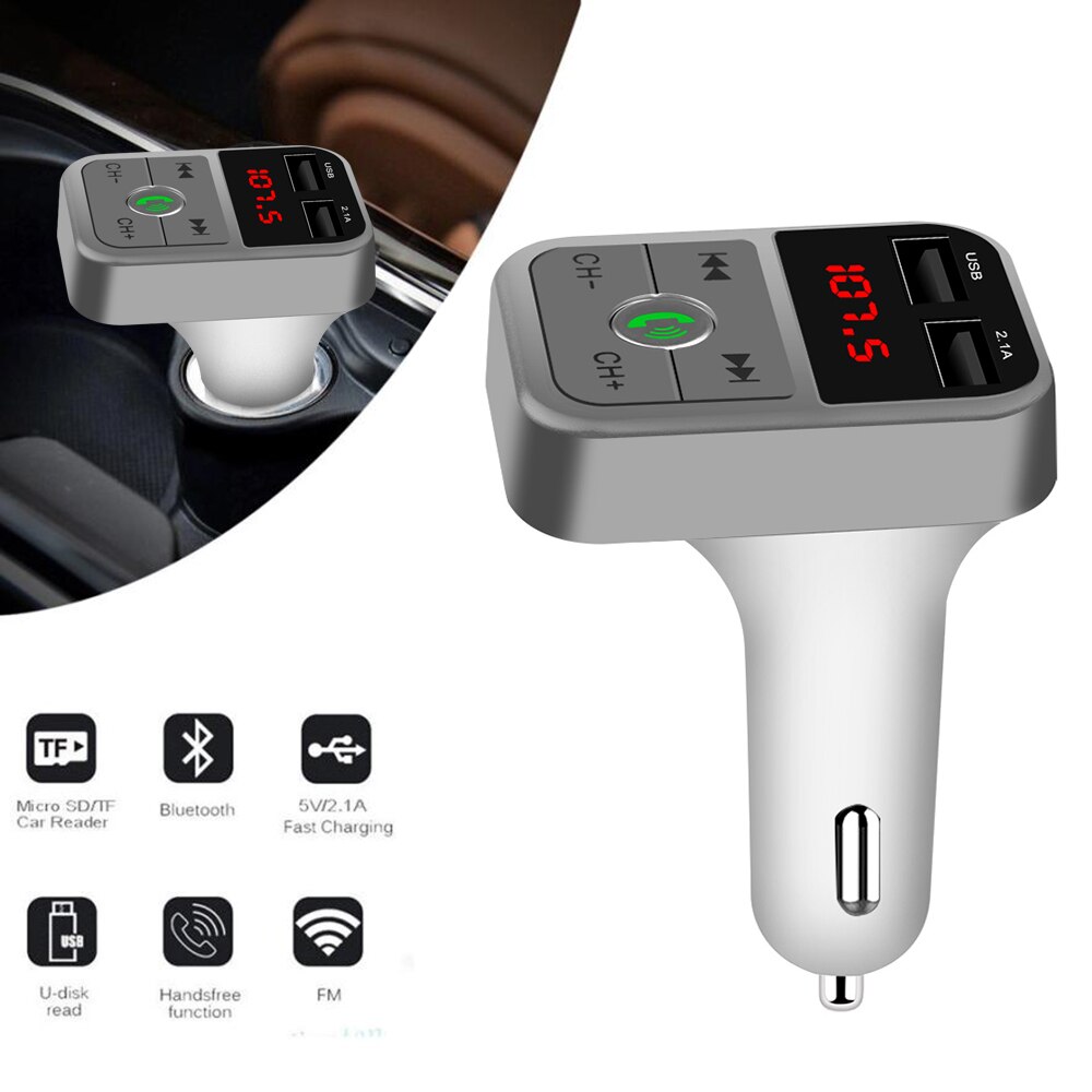 2 Usb Autolader Bluetooth Mobiele Telefoon Opladen Adapter Handsfree Fm-zender Voltage Display Autolader Voor Iphone Xiaomi