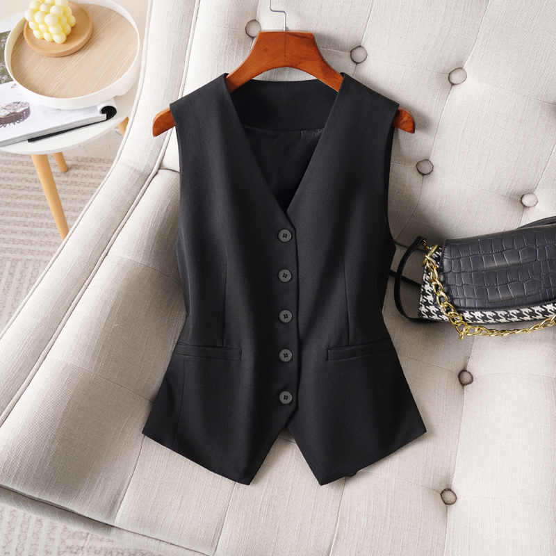 Gilet en Polyester sans manches pour femmes, col en V, à la , Style de banlieue, longueur régulière, veste d'extérieur pour la saison printemps-automne: S / Black