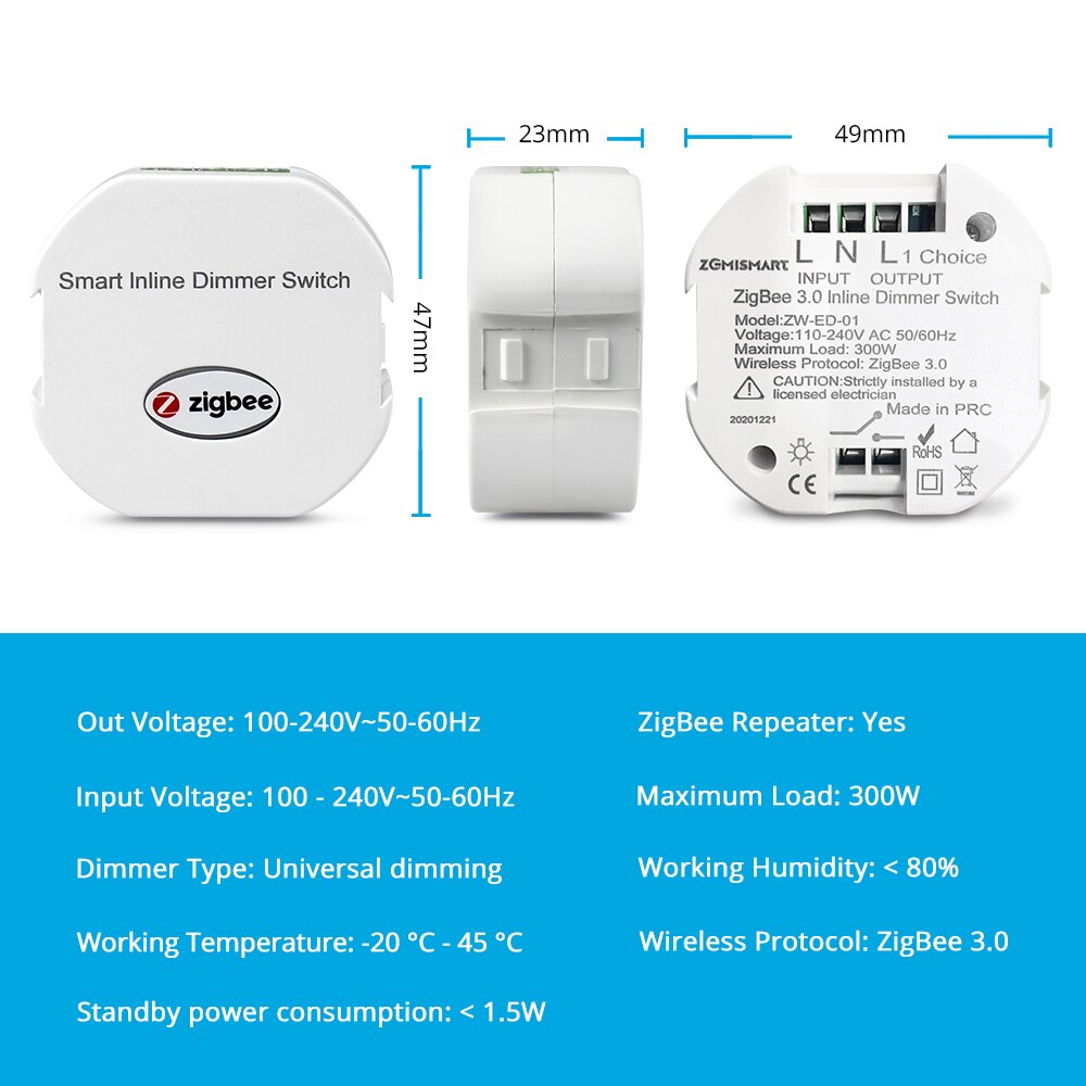 Yagusmart Zigbee 3.0 Smart Inline Dimmer Switch 100-240V Connect to Wink Hub Smartthings Alexa Google Home Voice Control Dimmer