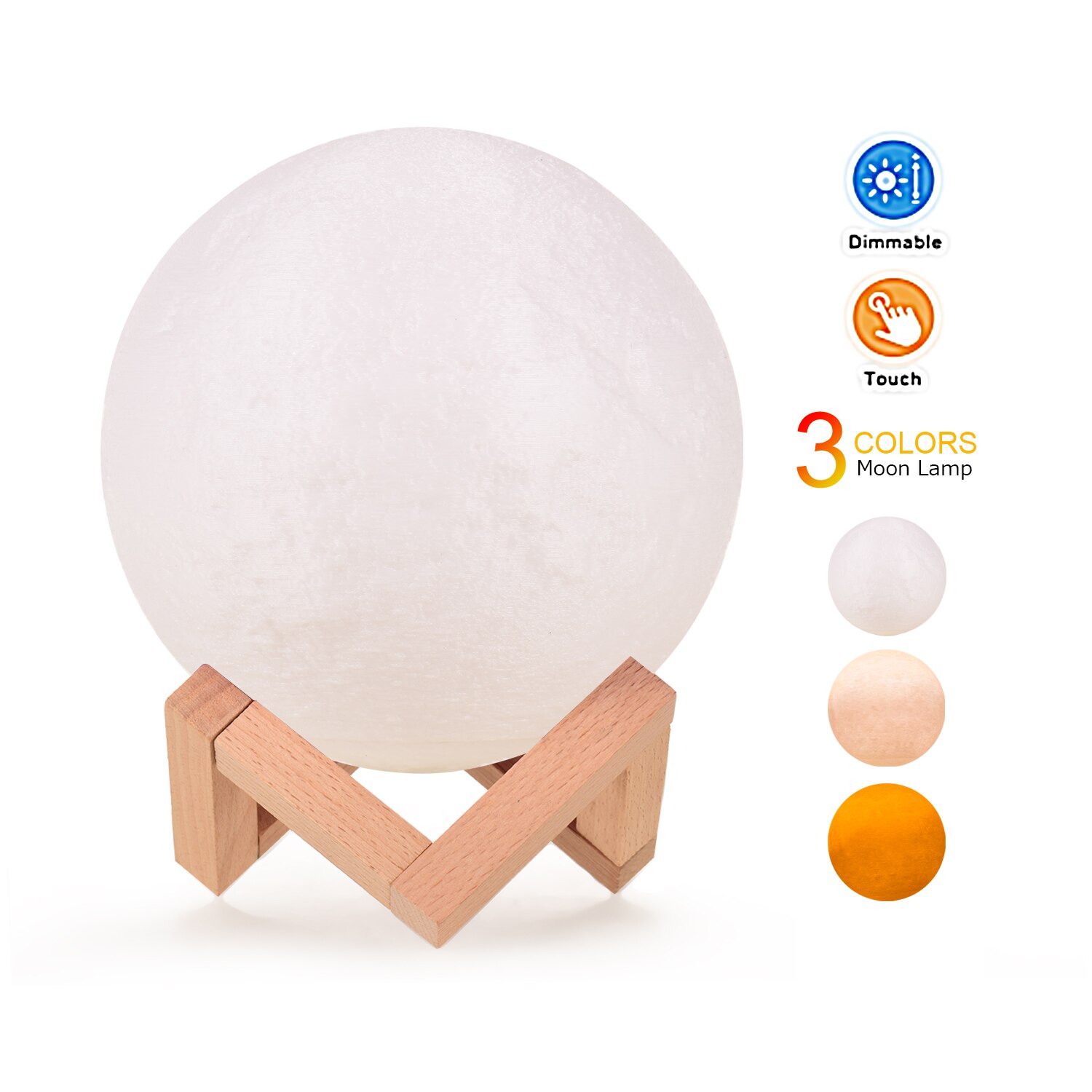 Moon Lamp 3 Colors 3D Printed Lunar Lamp LED Night Light 20cm/ 7.9in with Stand for Children Girls Christmas