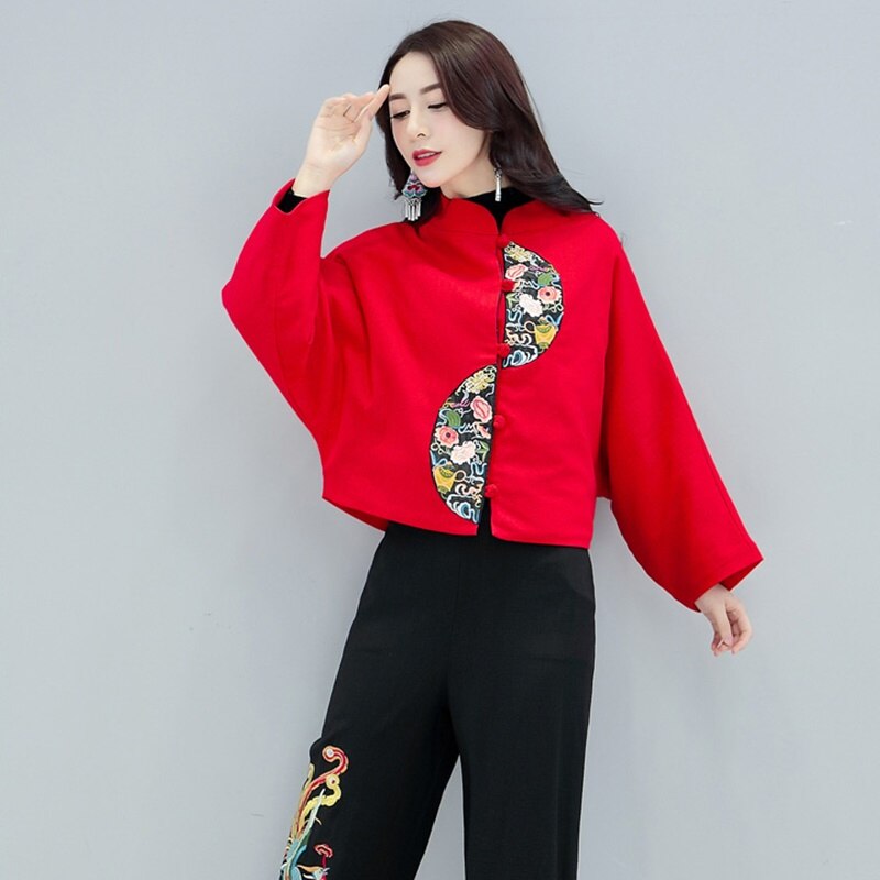 Ropa de estilo chino para mujeres, chaqueta Retro con bordado rojo, chaqueta femenina, blusa Ethinc, Tops chinos para mujeres FF2540