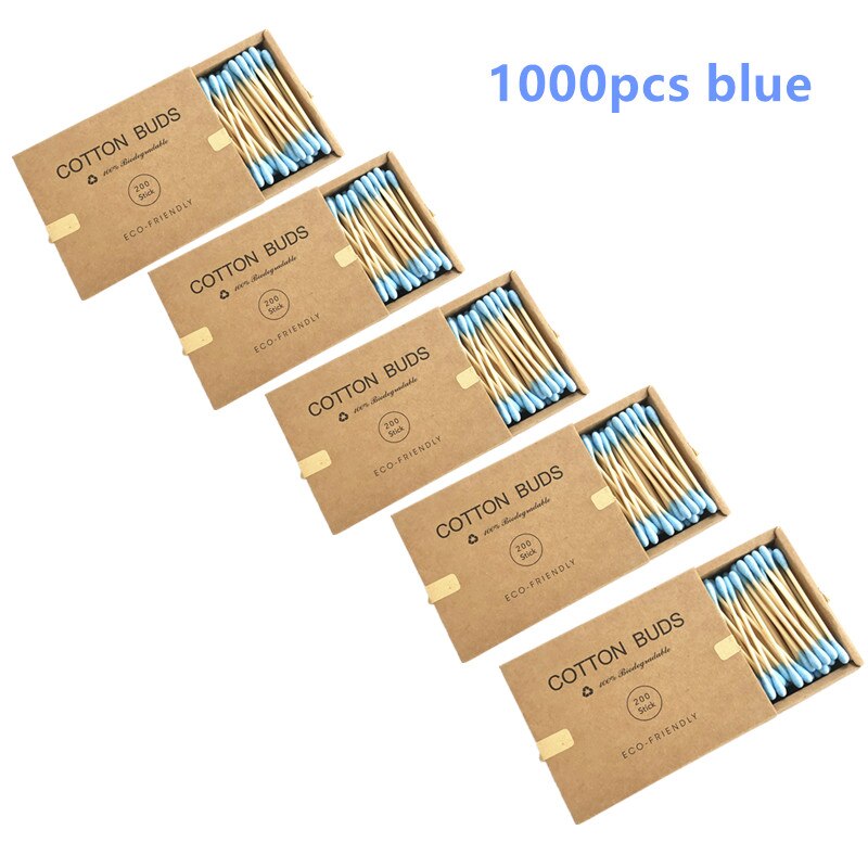 Boîte de coton tiges en bambou, emballage carton qui contient 1000 bâtonnets en bois, double embout, pour le soin des oreilles et du nez, accessoire de maquillage: 1000Pcs blue