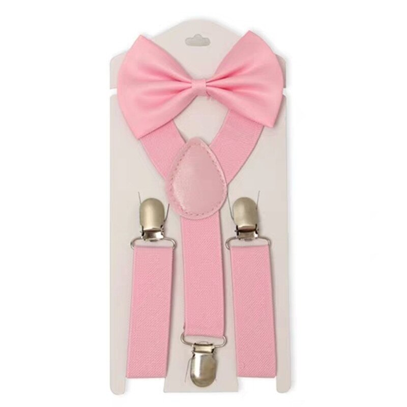 Einfarbig Kinder Gürtel Bowtie Set Baby Jungen Mädchen Hosenträger Clip-on Y-Back Hosenträger Fliege Elastische kid Einstellbare Fliege Set: pink