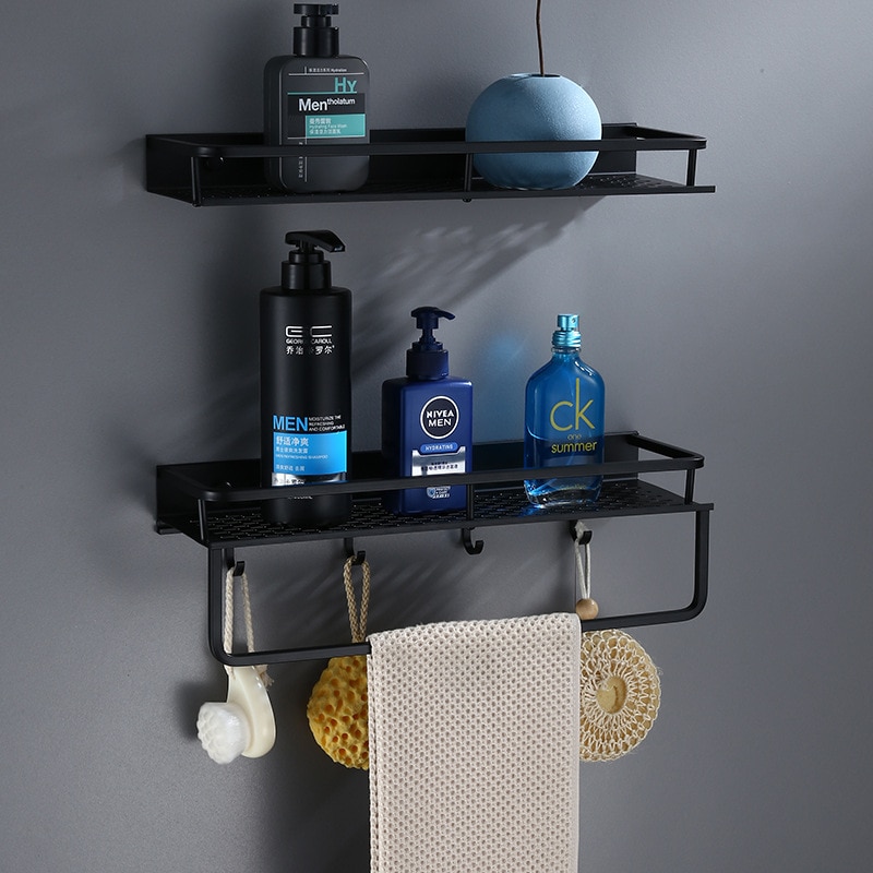 Badeværelseshylde med håndklædetang vægmonteret aluminium badekar bruser hylde sort bad shampoo holder kurv holder hjørne hylde
