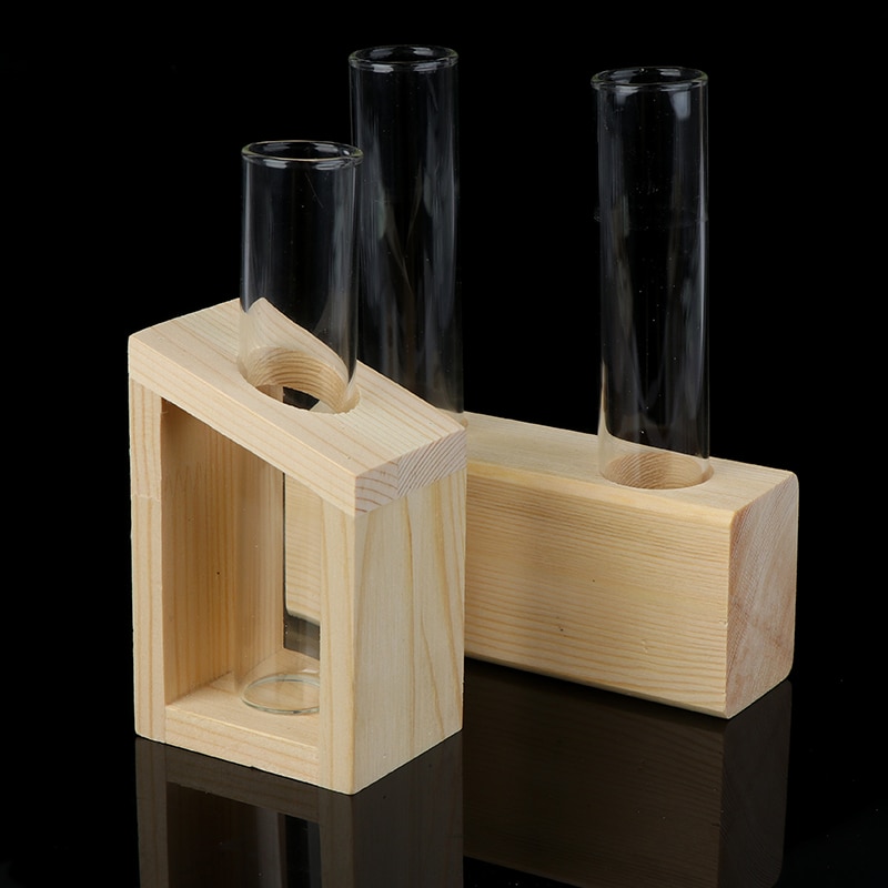 Jarrón de tubo de ensayo de cristal, soporte de madera, macetas para plantas hidropónicas, decoración de jardín para el hogar