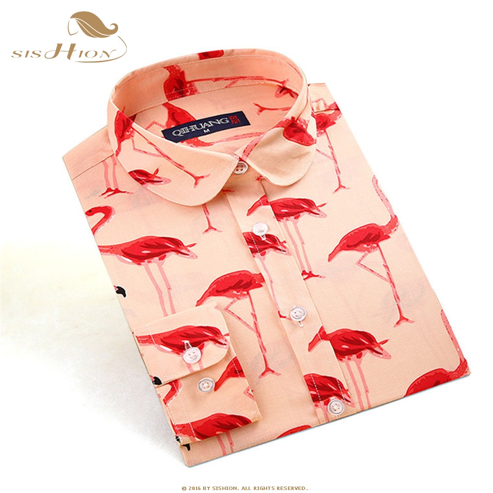 SISHION – chemisier en coton imprimé flamant rose pour femmes, manches longues, Vintage, chemises pour dames, VD1324