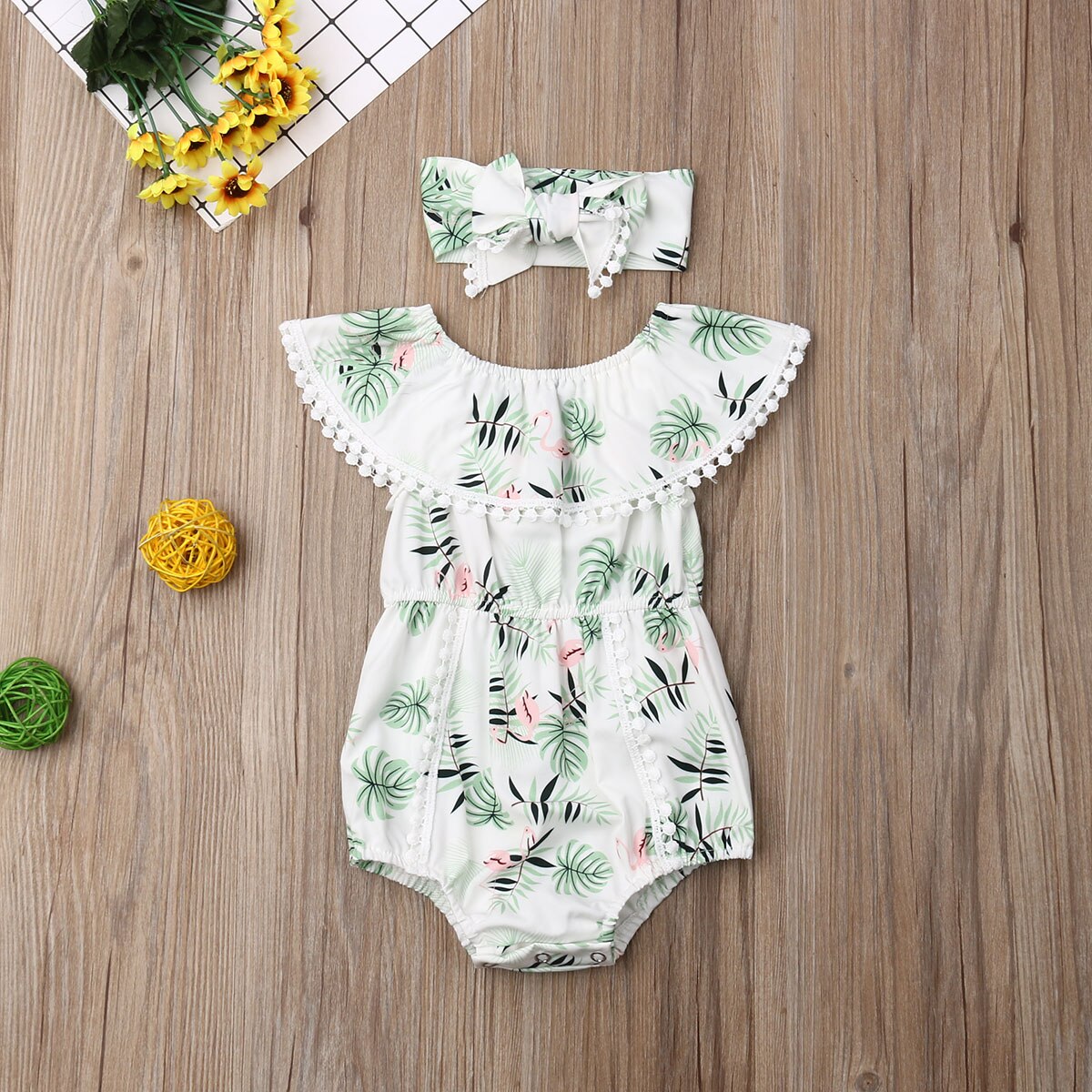 Lovely Newborn Baby Girl Boys Flamingo Bodysuits Headband Clothes Ruffle Sleeve Tassel Jumpsuit Summer Outfit