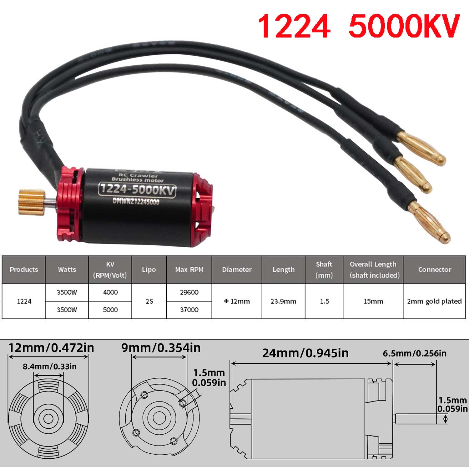 RC Motor 1224 Mini RC Crawler 4000KV 5000KV Brushless Motor 1.5mm Shaft for 124 128 132 RC Micro Car Kyosho Tamiya Traxxas: Yellow