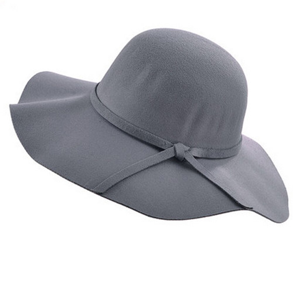 Chapeau casual fedora kasket med brede skygge kuppel hatte uld floppy hat kvinder sorte cloche hatte: Grå