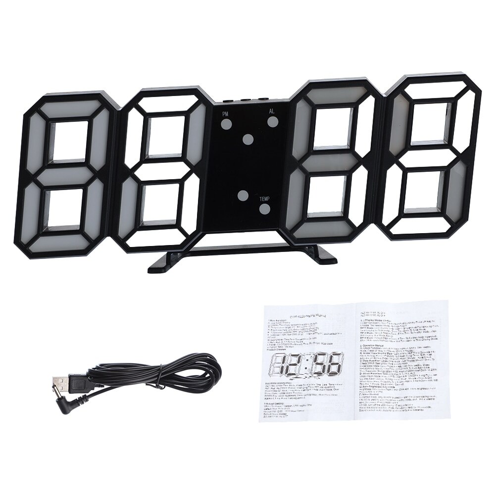 3D LED Digital Wall Clock Date Time Celsius Nightlight Display Table Desktop Clocks Alarm Clock Living Room smart alarm clock 3D: black (White word)