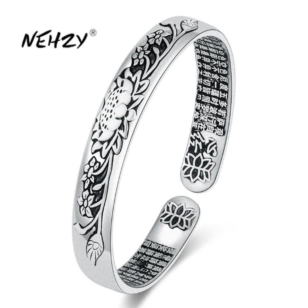 NEHZY S925 Stamp silver women jewelry black lotus lotus Thai silver retro simple open bracelet