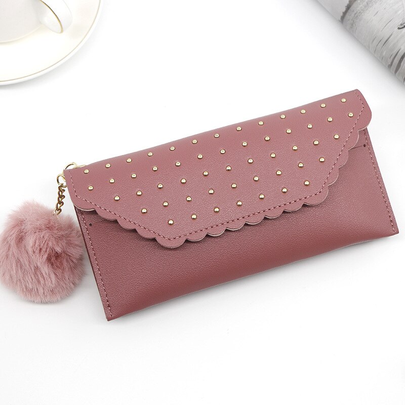 Wallet For Women Retro Rivet Hasp Long Ladies Wallet Card Purse PU Leather Wallet With Fur Ball Ornaments Phone Bag